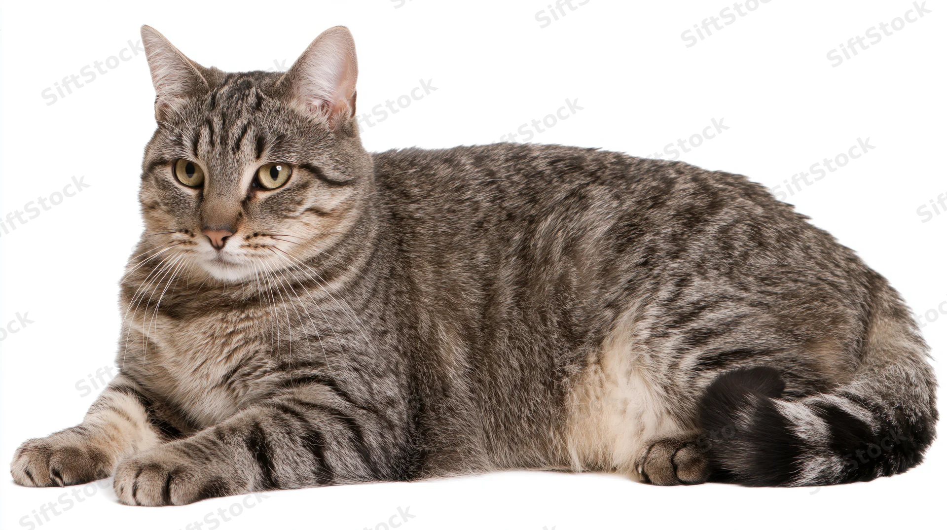 Gray tabby cat lying down with front paws stretched forward on white background