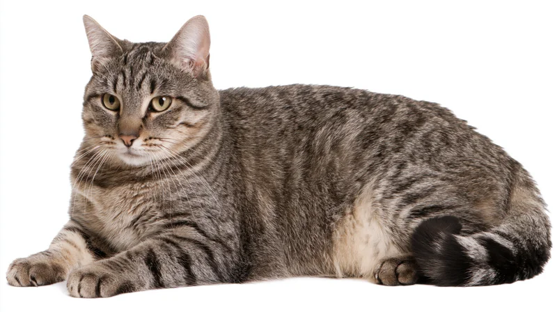 Gray tabby cat lying down with front paws stretched forward on white background