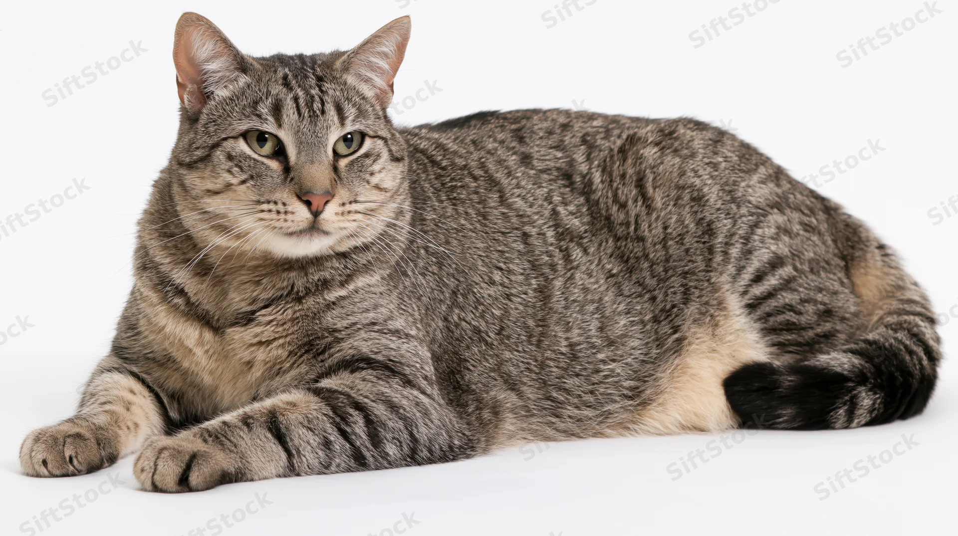 Gray tabby cat lying down with front paws stretched forward on white background