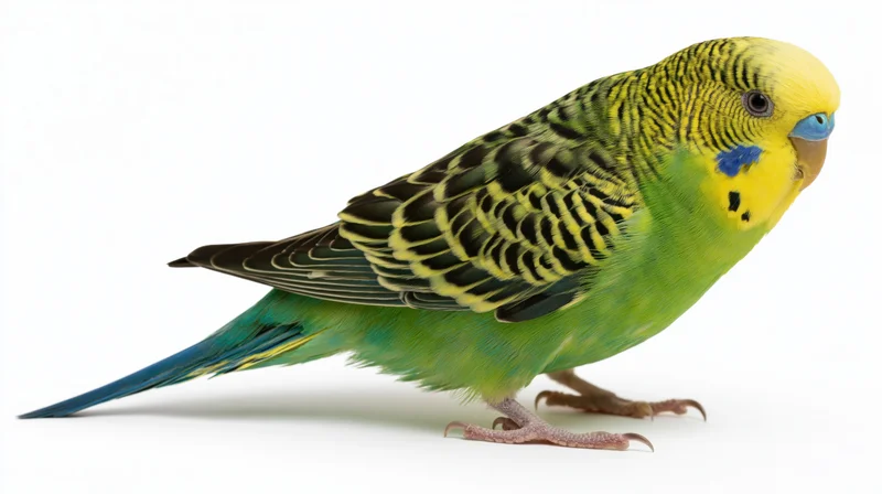 Green and yellow budgerigar parakeet perched low on white background