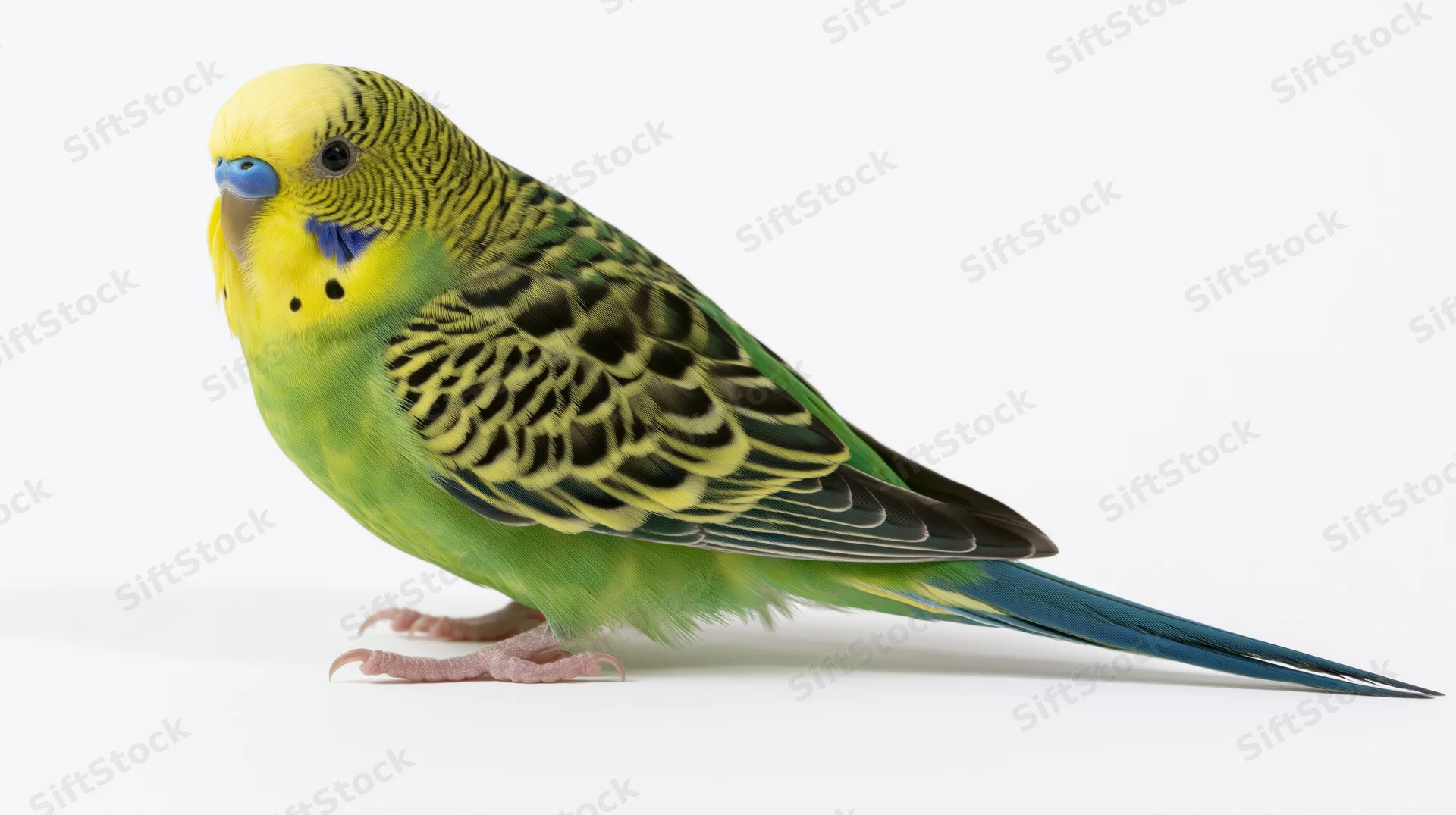 Green and yellow budgerigar parakeet perched low in profile on white background
