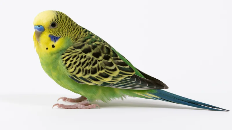 Green and yellow budgerigar parakeet perched low in profile on white background