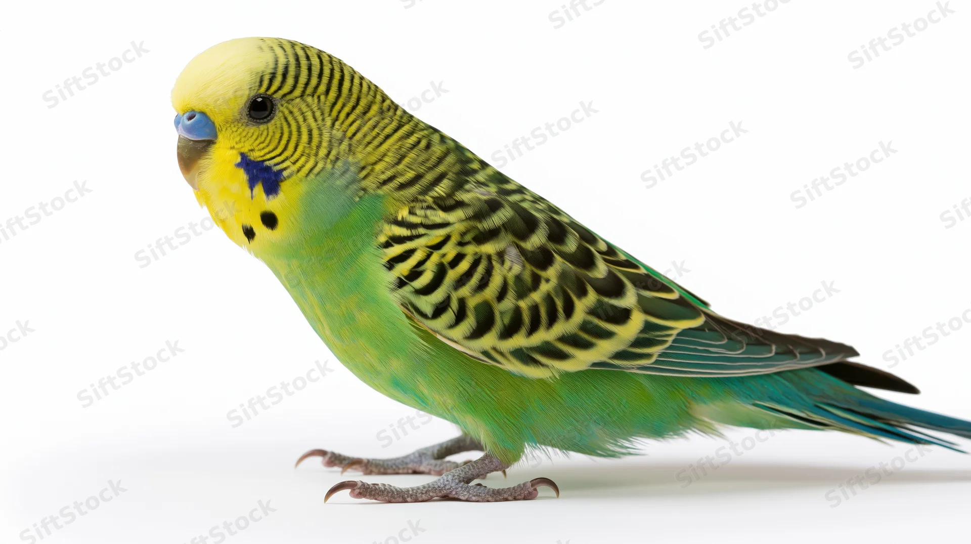 Green and yellow budgerigar perched low on white background