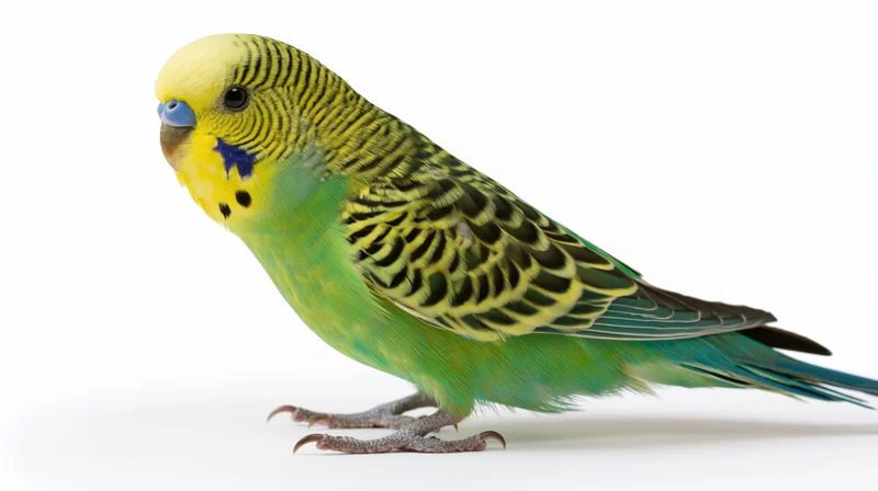 Green and yellow budgerigar perched low on white background