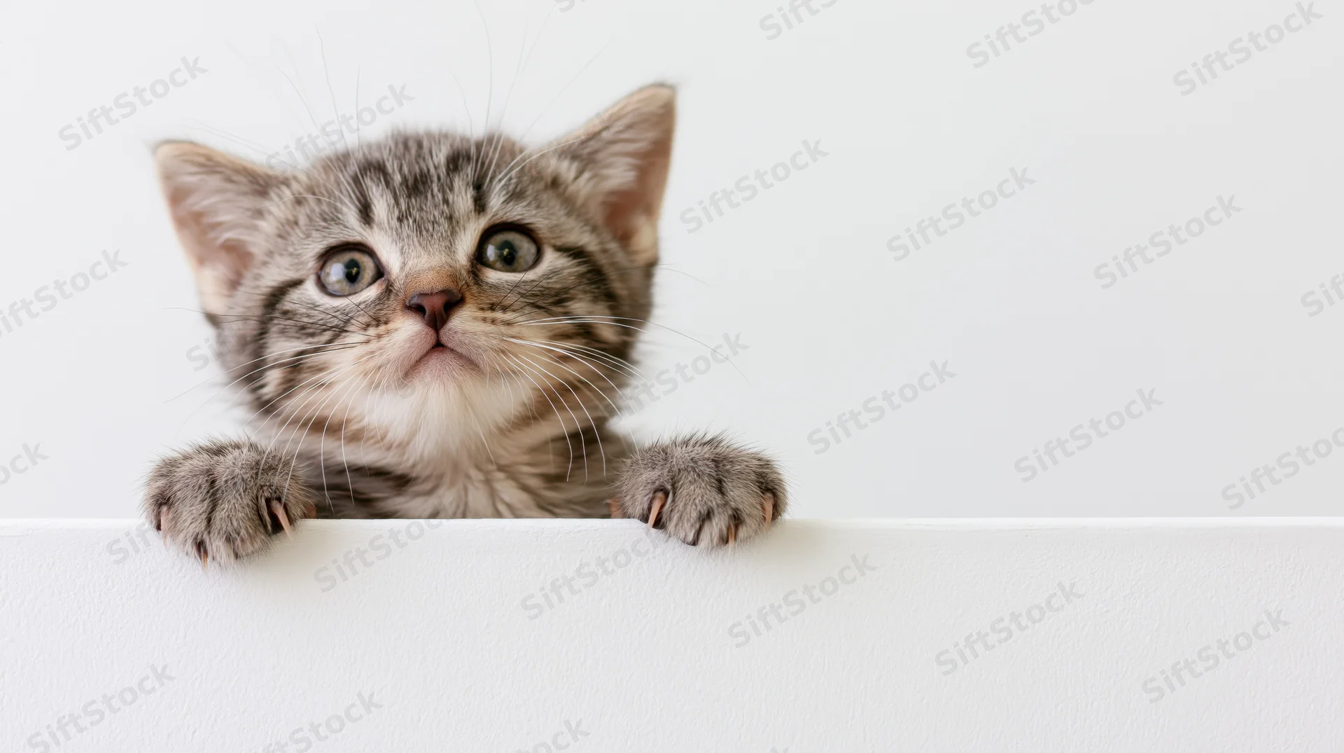 Grey tabby kitten peeking over white ledge with front paws visible
