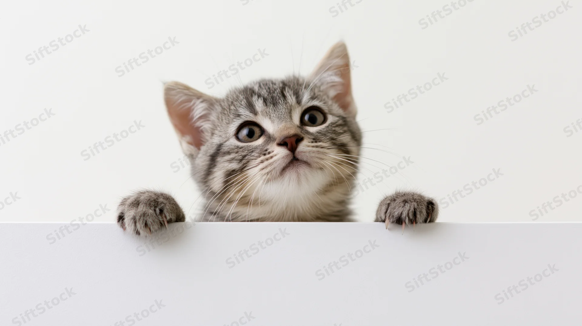 Grey tabby kitten peeking over white ledge with front paws visible