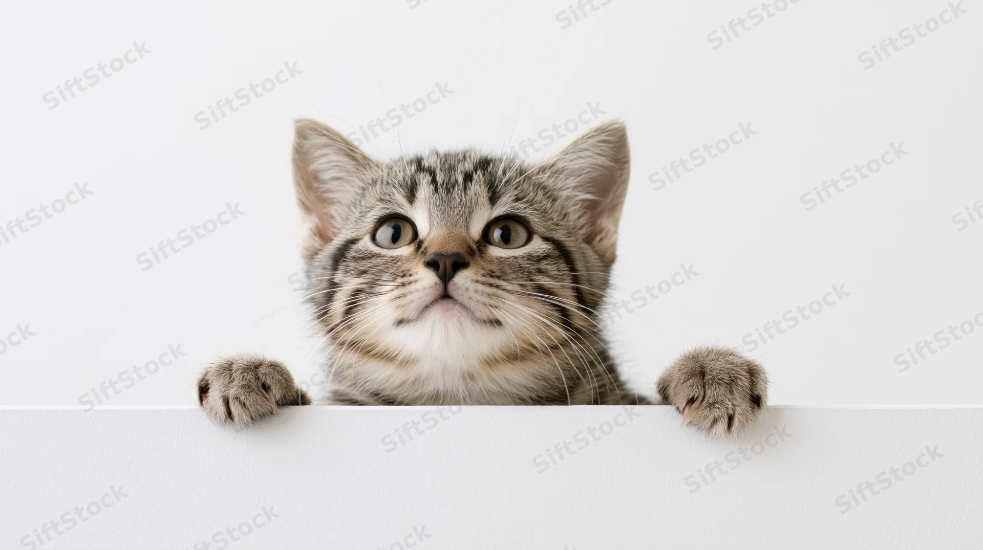 Grey tabby kitten peeking over white ledge with front paws visible