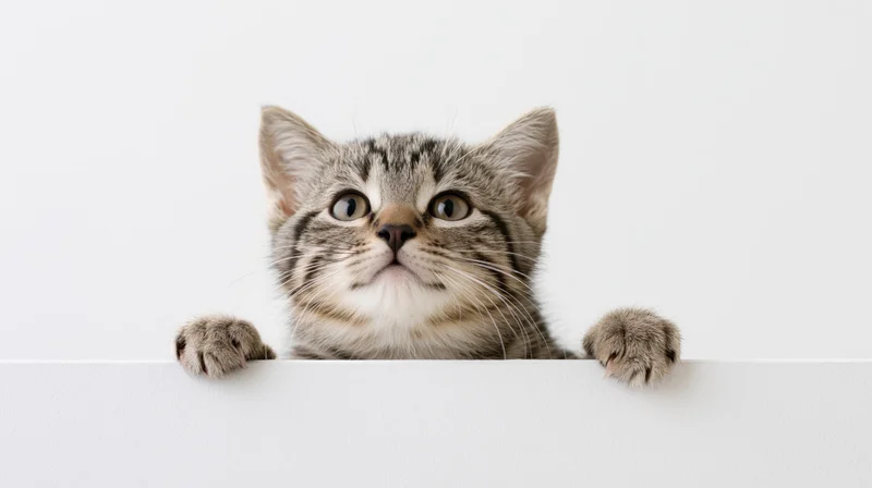 Grey tabby kitten peeking over white ledge with front paws visible