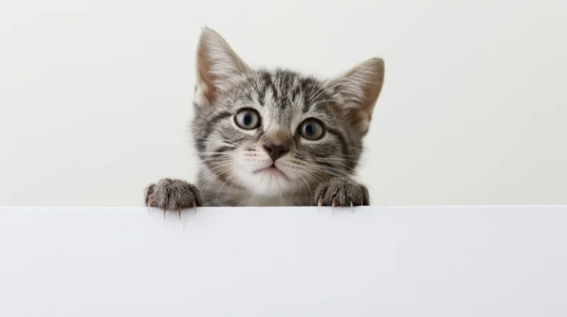 Grey tabby kitten peeking over white ledge with front paws visible
