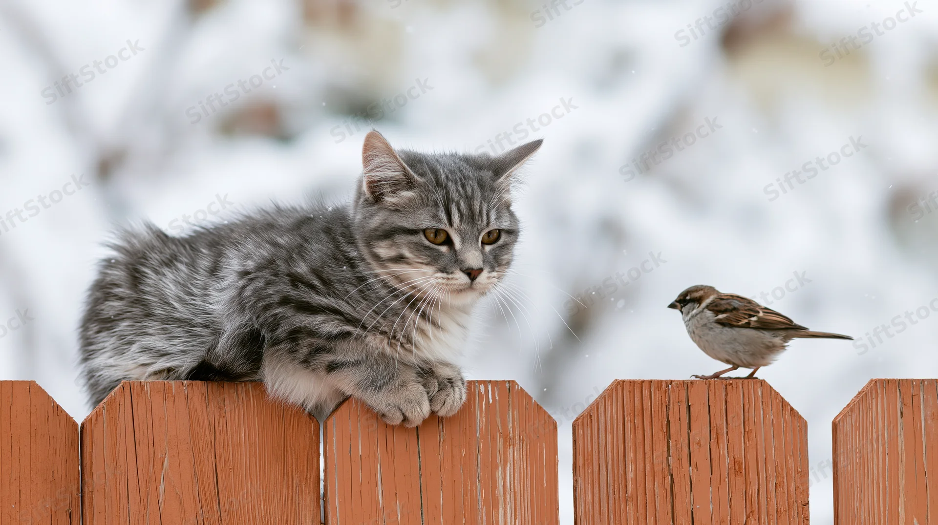 Grey tabby kitten perched on wooden picket fence watching a sparrow in snowy outdoor setting