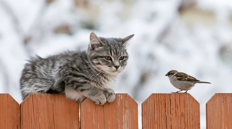 Grey tabby kitten perched on wooden picket fence watching a sparrow in snowy outdoor setting