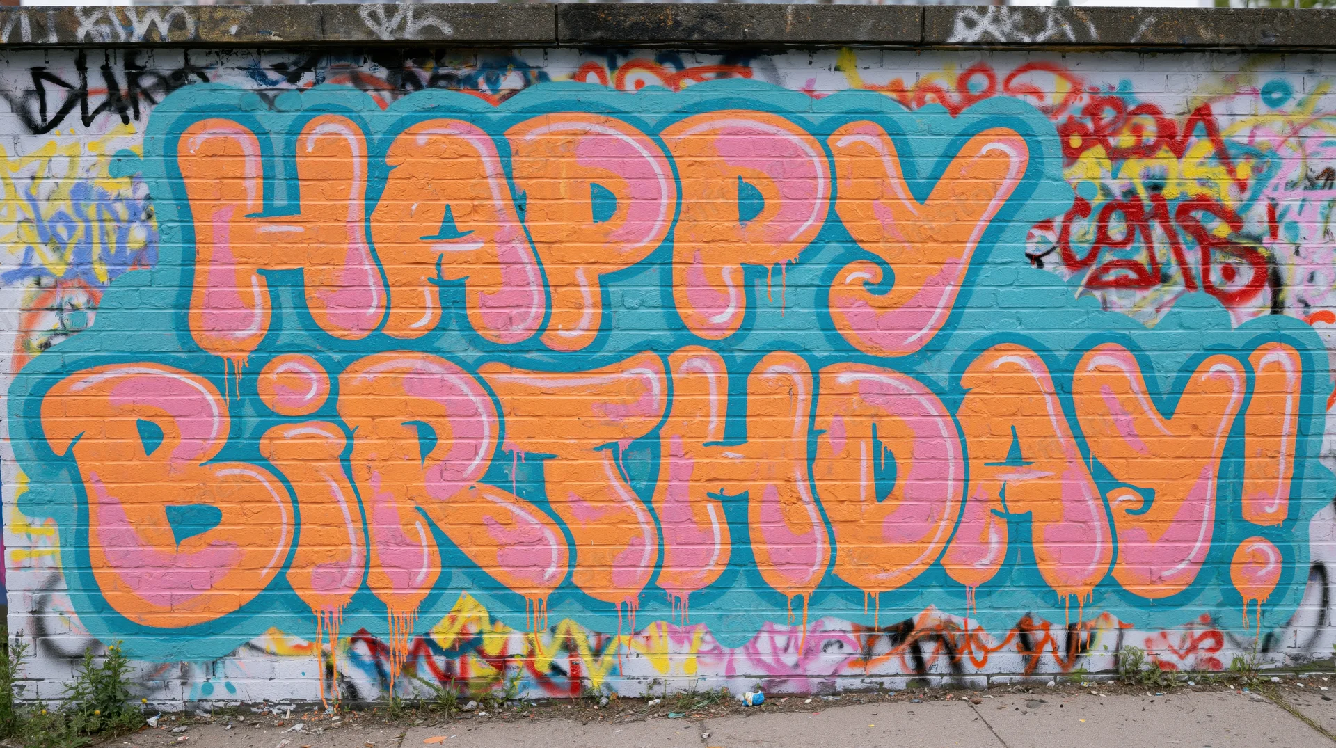Happy birthday graffiti lettering spray-painted on a brick wall