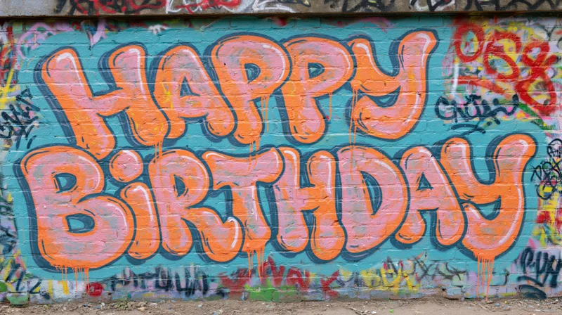 Happy birthday graffiti lettering spray-painted on a brick wall
