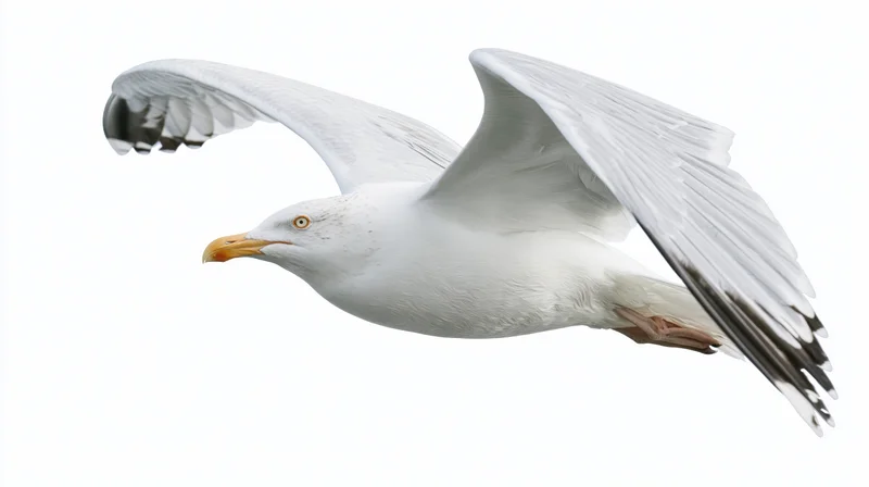 Herring gull in mid-flight with wings fully spread against white background