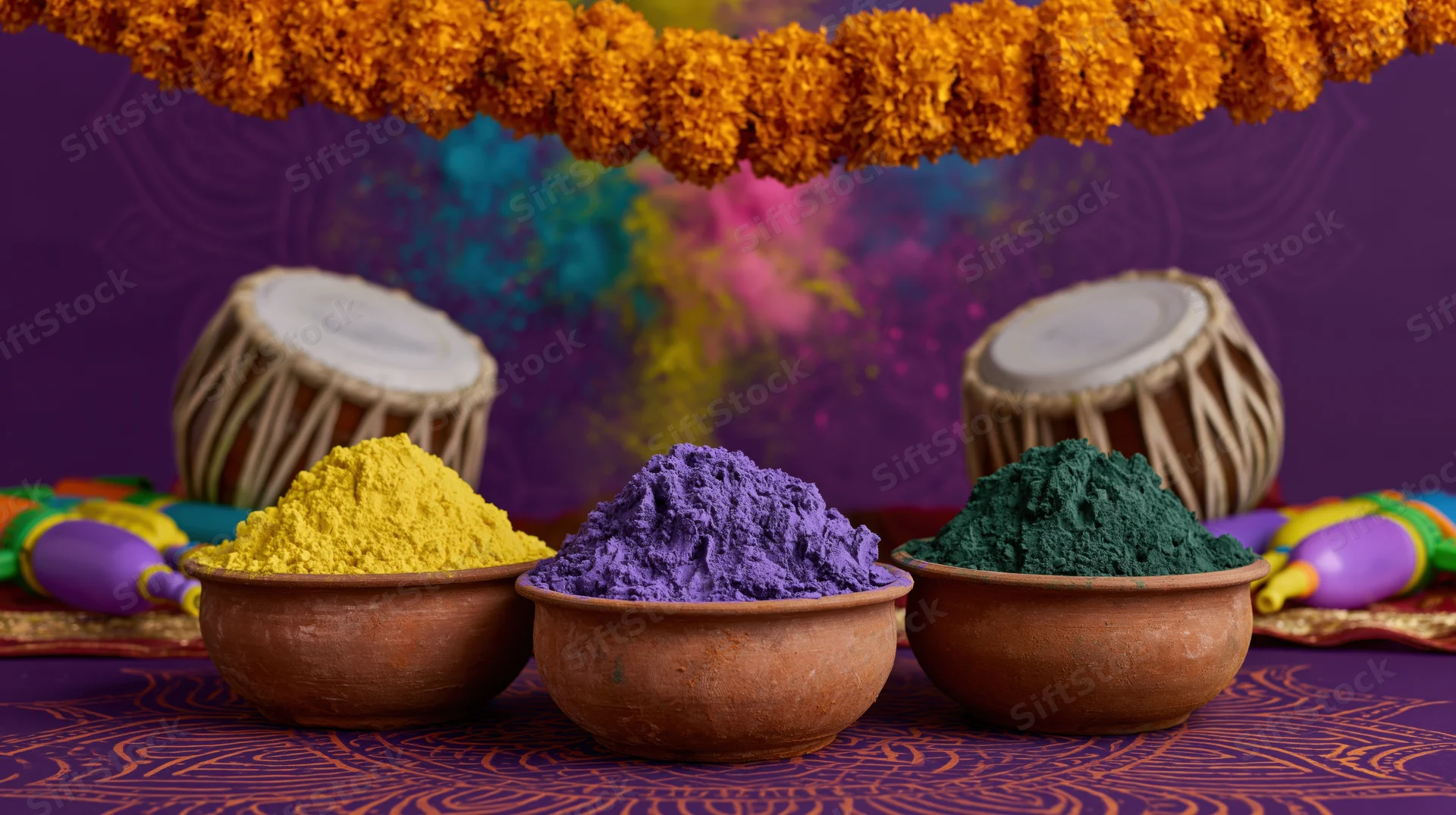 Colorful gulal powders in clay bowls with tabla drums and marigold garland on patterned cloth for holi festival