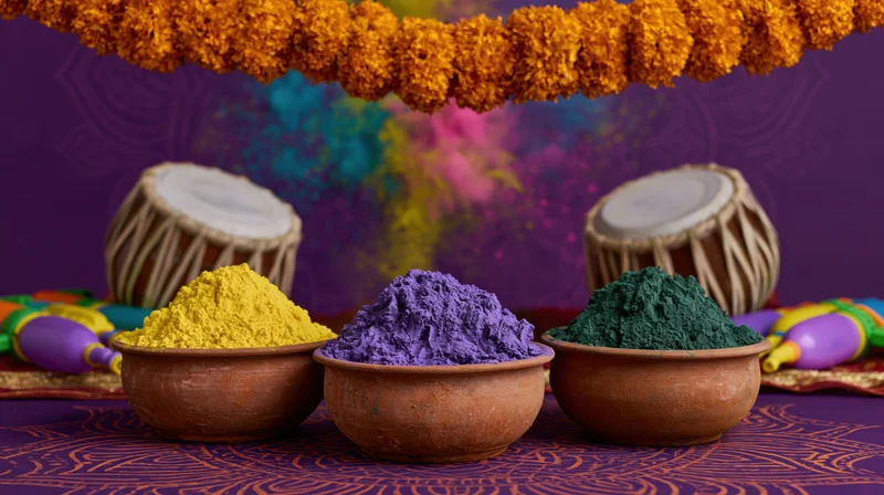 Colorful gulal powders in clay bowls with tabla drums and marigold garland on patterned cloth for holi festival