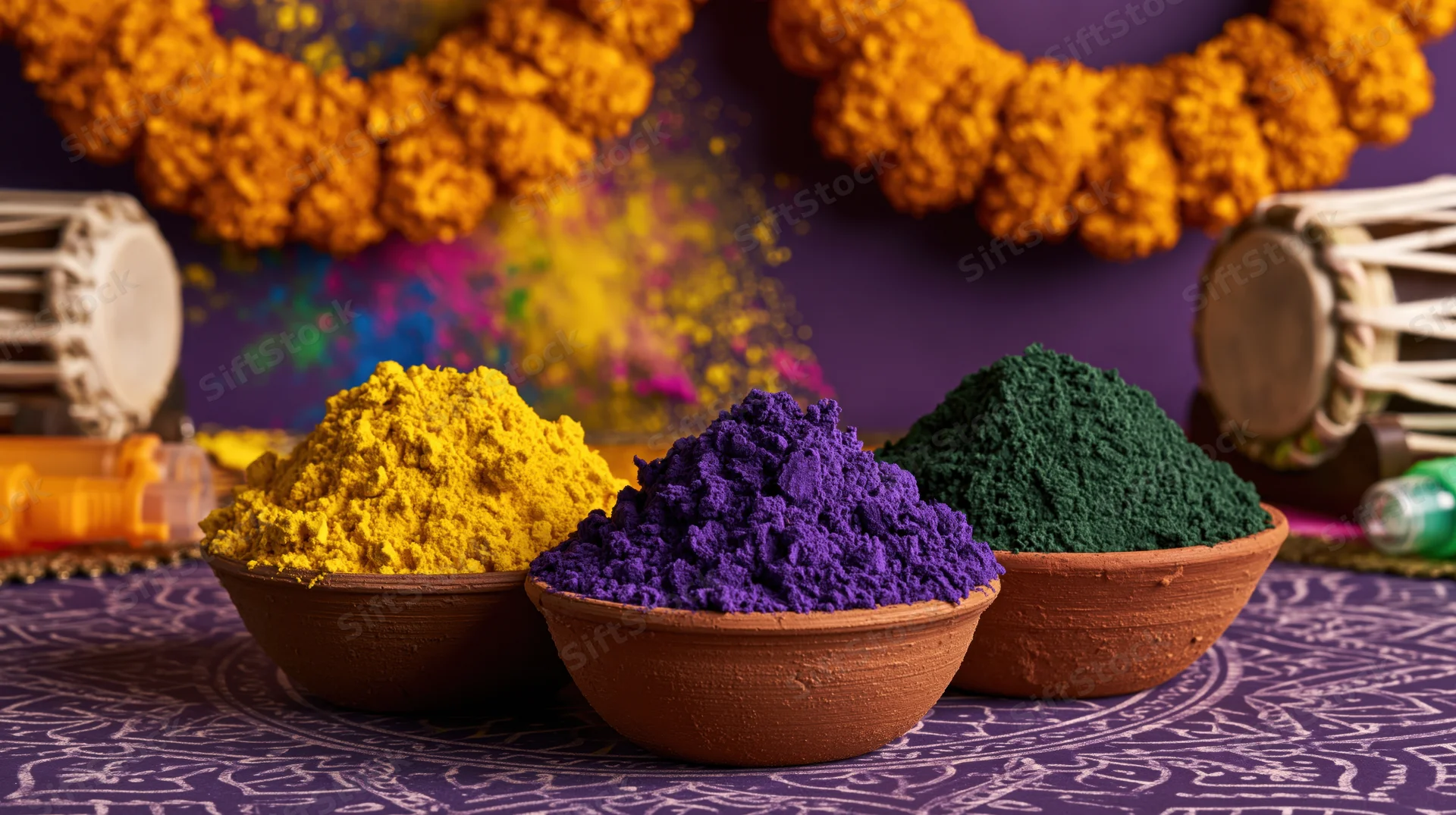 Colorful gulal powders in clay bowls arranged on patterned fabric with marigold garlands and tabla drums for holi festival celebration