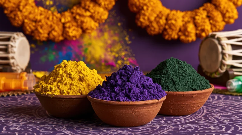 Colorful gulal powders in clay bowls arranged on patterned fabric with marigold garlands and tabla drums for holi festival celebration