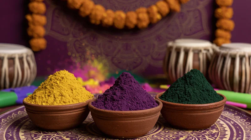 Three bowls of colorful holi powder arranged on a patterned cloth with tabla drums and marigold garland in the background