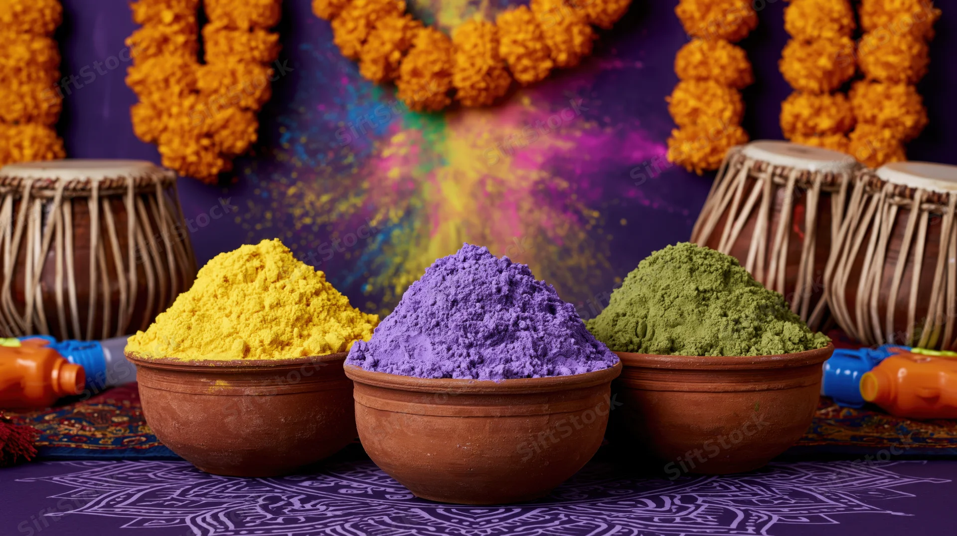 Colorful holi powders in terracotta bowls with marigold garlands and tablas on patterned cloth