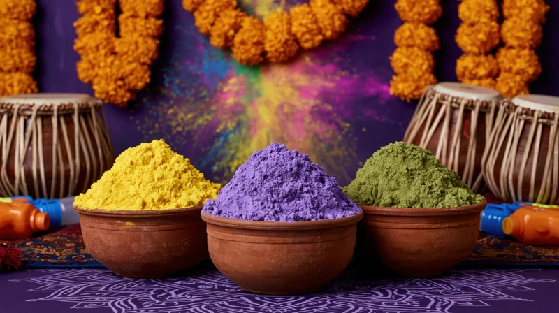 Colorful holi powders in terracotta bowls with marigold garlands and tablas on patterned cloth