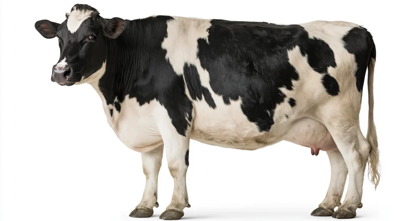 Holstein dairy cow standing in profile with head turned slightly toward camera on white background