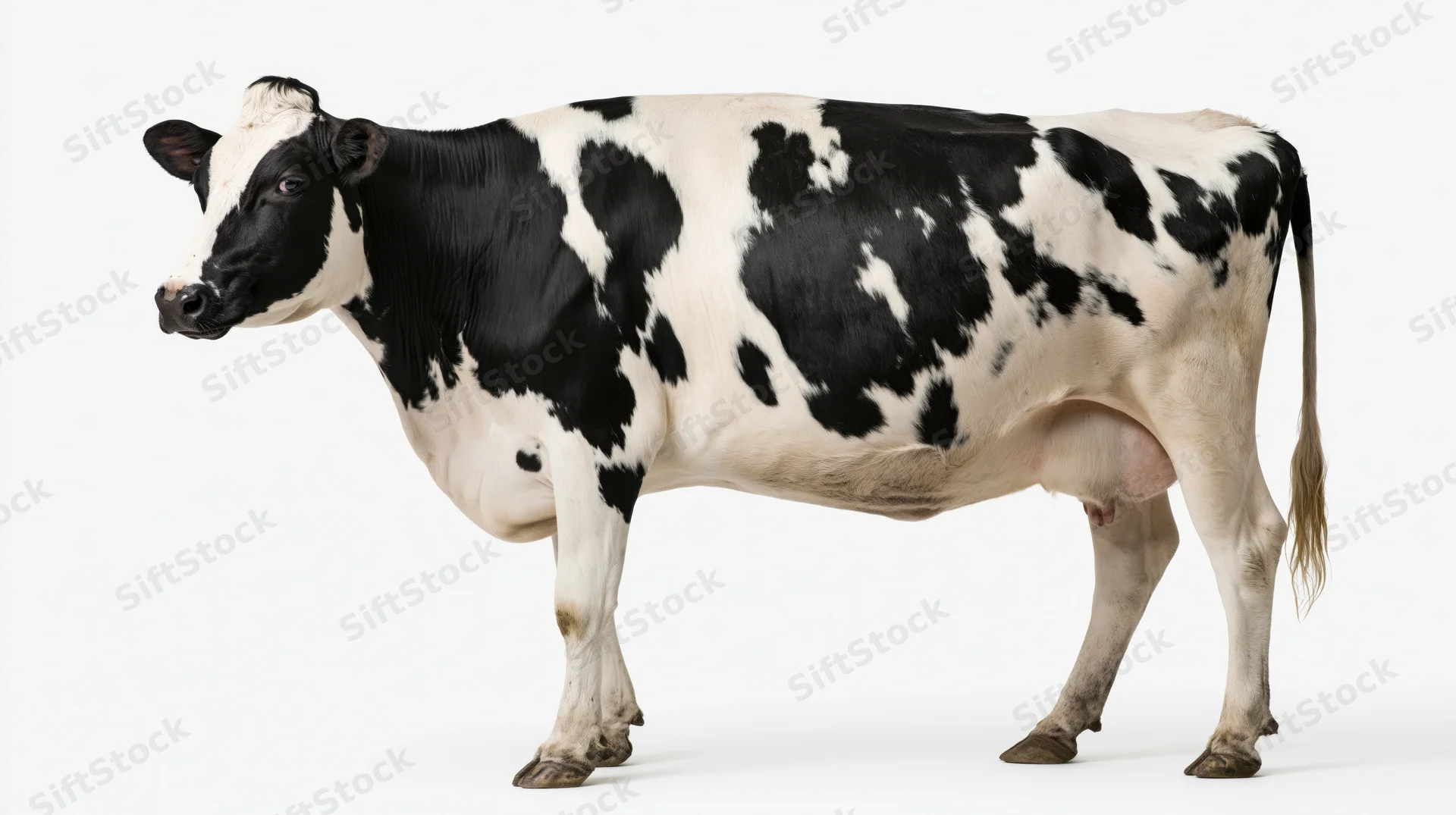 Holstein dairy cow standing in profile against white background