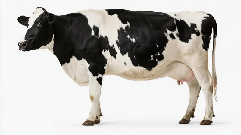 Holstein dairy cow standing in profile against white background