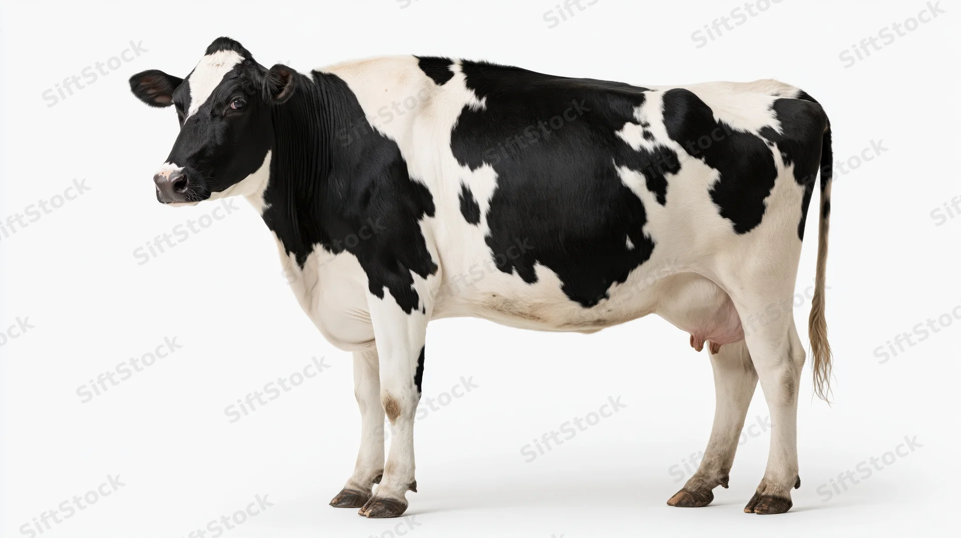 Holstein dairy cow standing in profile with head turned slightly to the side on white background