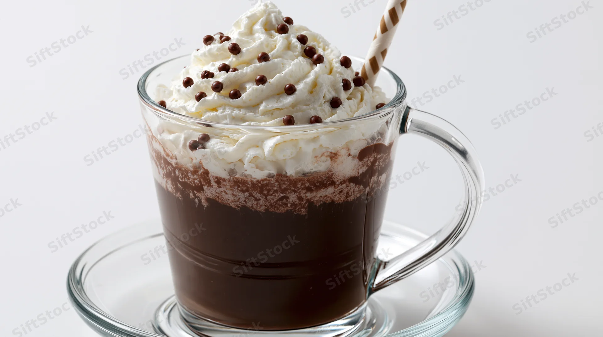 Hot chocolate in a clear glass mug with whipped cream and chocolate sprinkles on a matching saucer