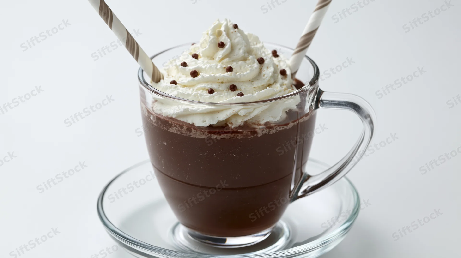 Hot chocolate in a clear glass mug with whipped cream and chocolate chips on a matching saucer