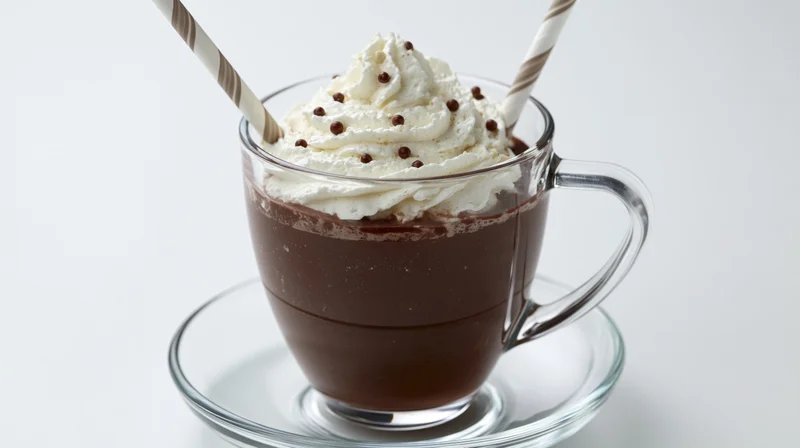 Hot chocolate in a clear glass mug with whipped cream and chocolate chips on a matching saucer