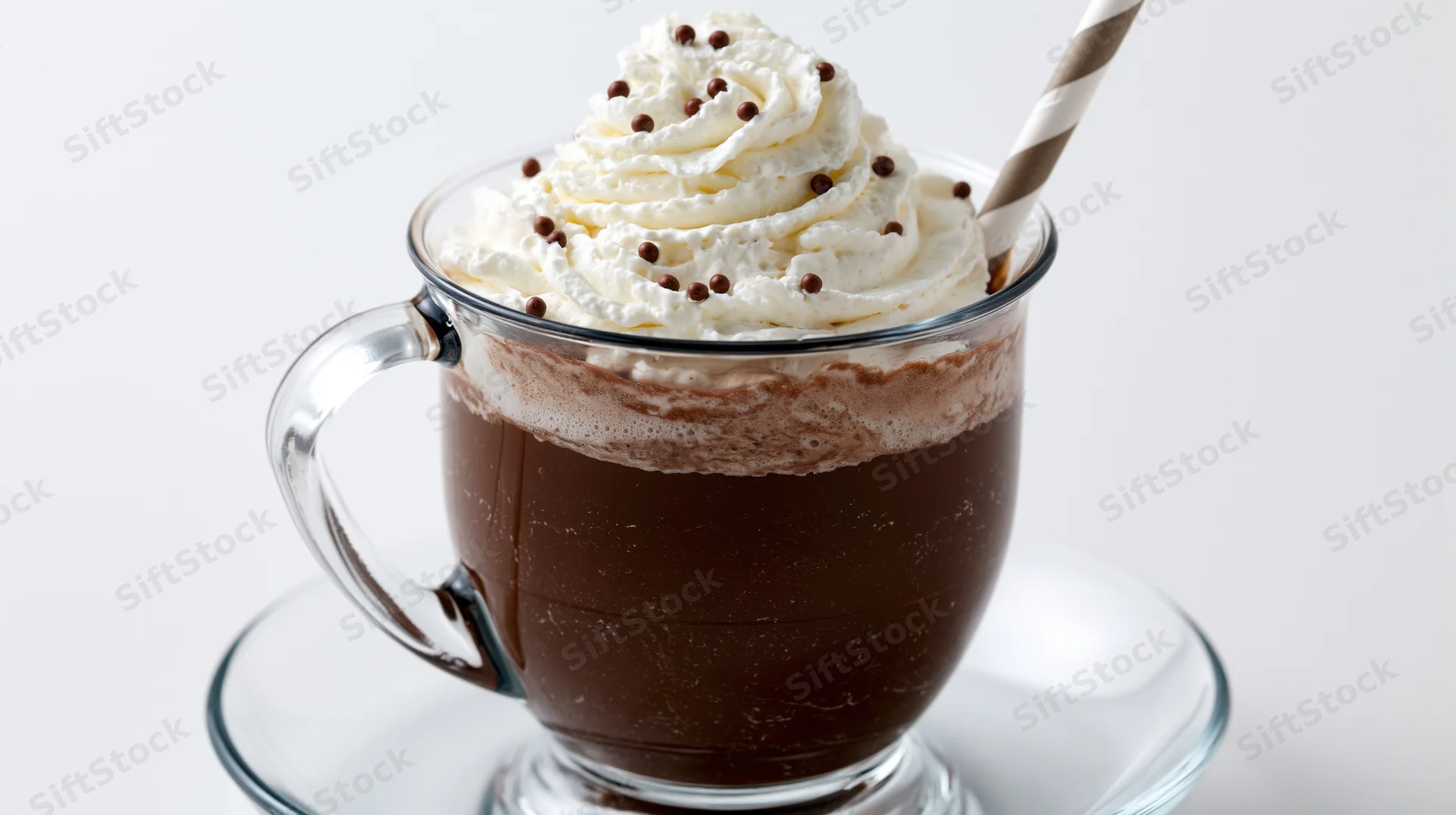 Hot chocolate in a clear glass mug with whipped cream and chocolate sprinkles on a matching saucer