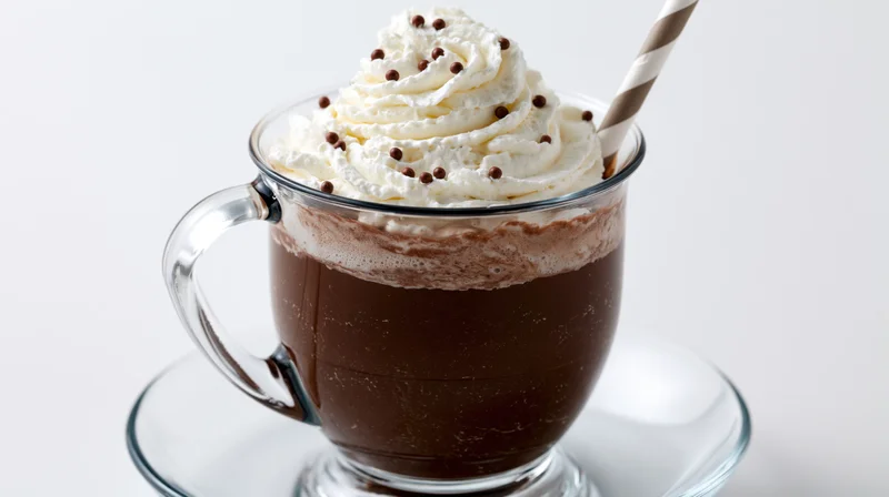 Hot chocolate in a clear glass mug with whipped cream and chocolate sprinkles on a matching saucer