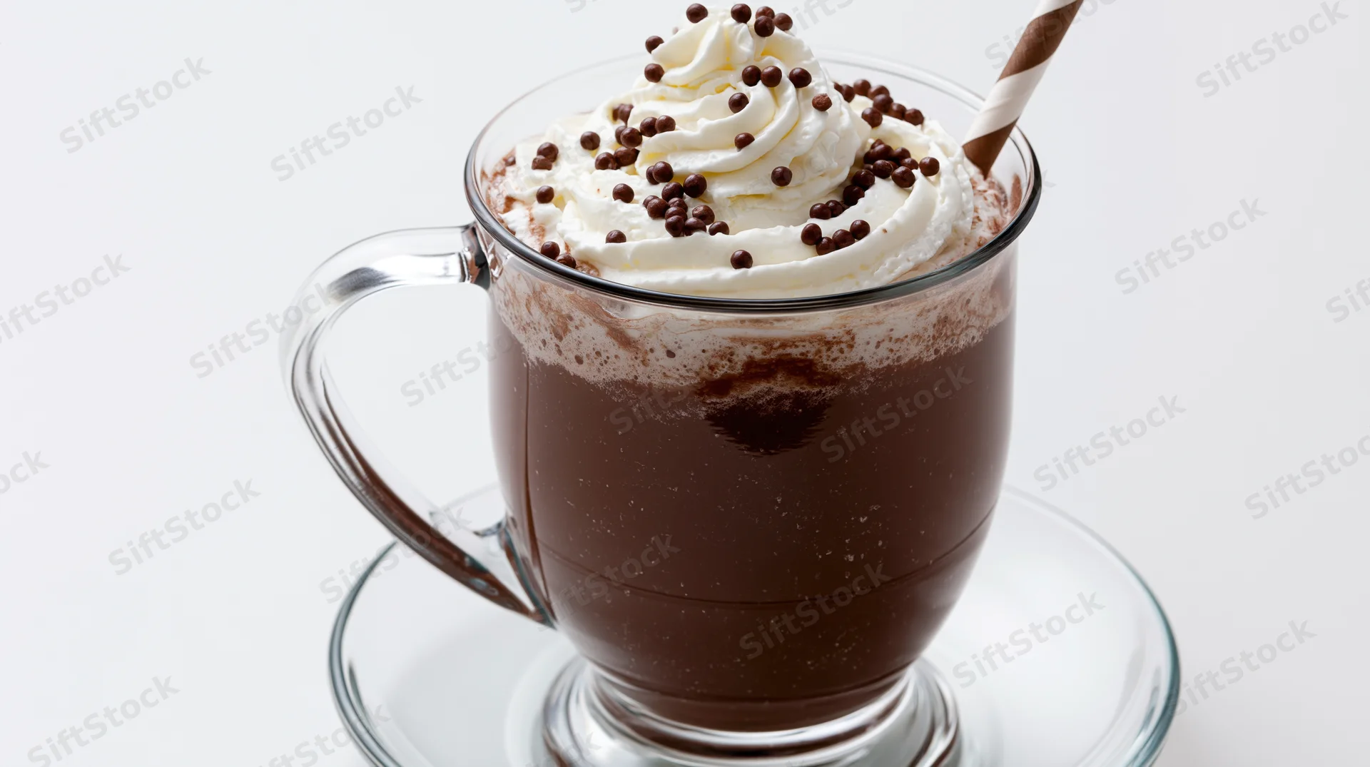 Hot chocolate in a clear glass mug with whipped cream and chocolate sprinkles on a matching saucer