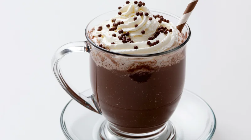 Hot chocolate in a clear glass mug with whipped cream and chocolate sprinkles on a matching saucer