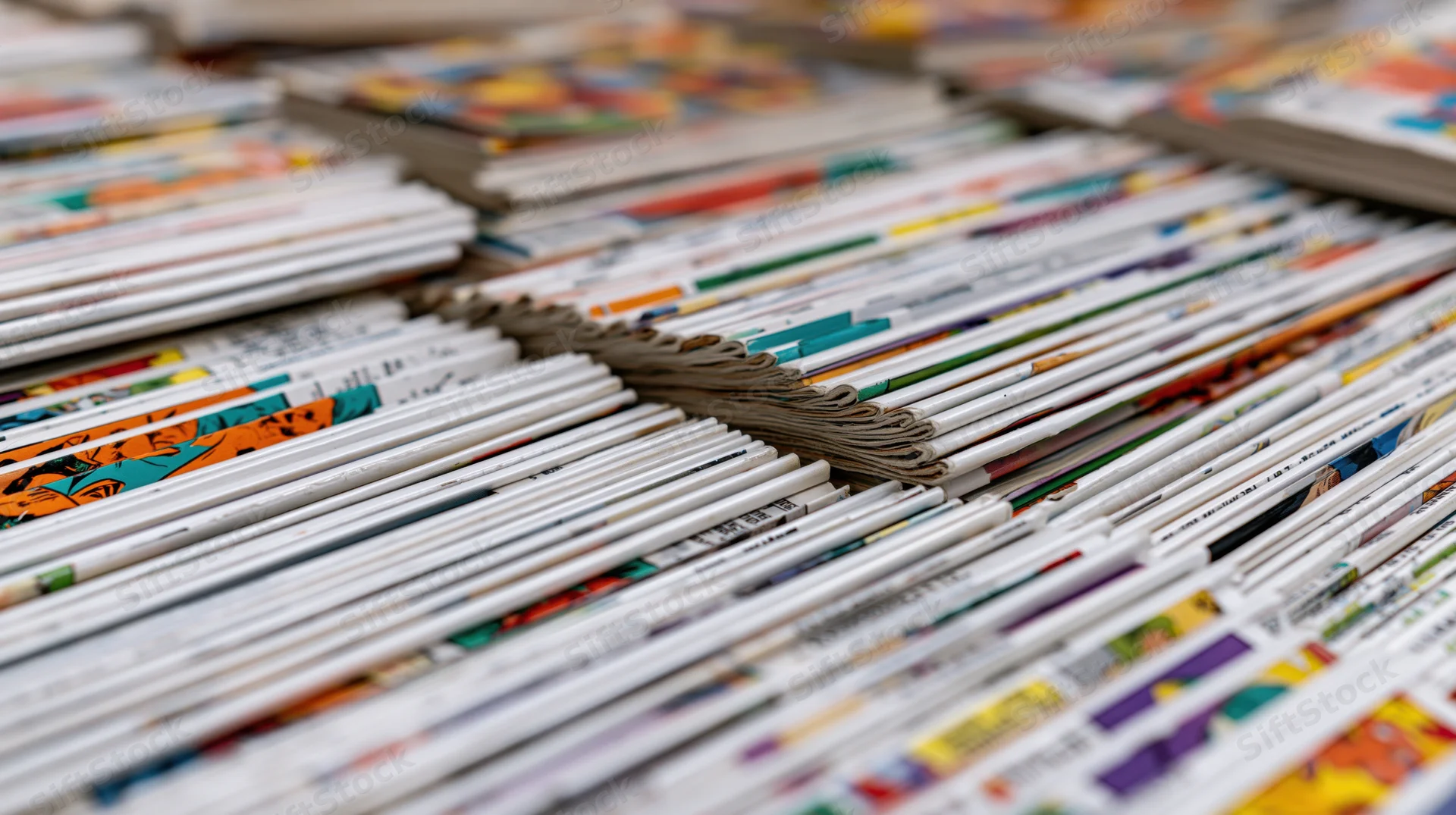 Stacks of comic books arranged spine-up in tight rows on a surface