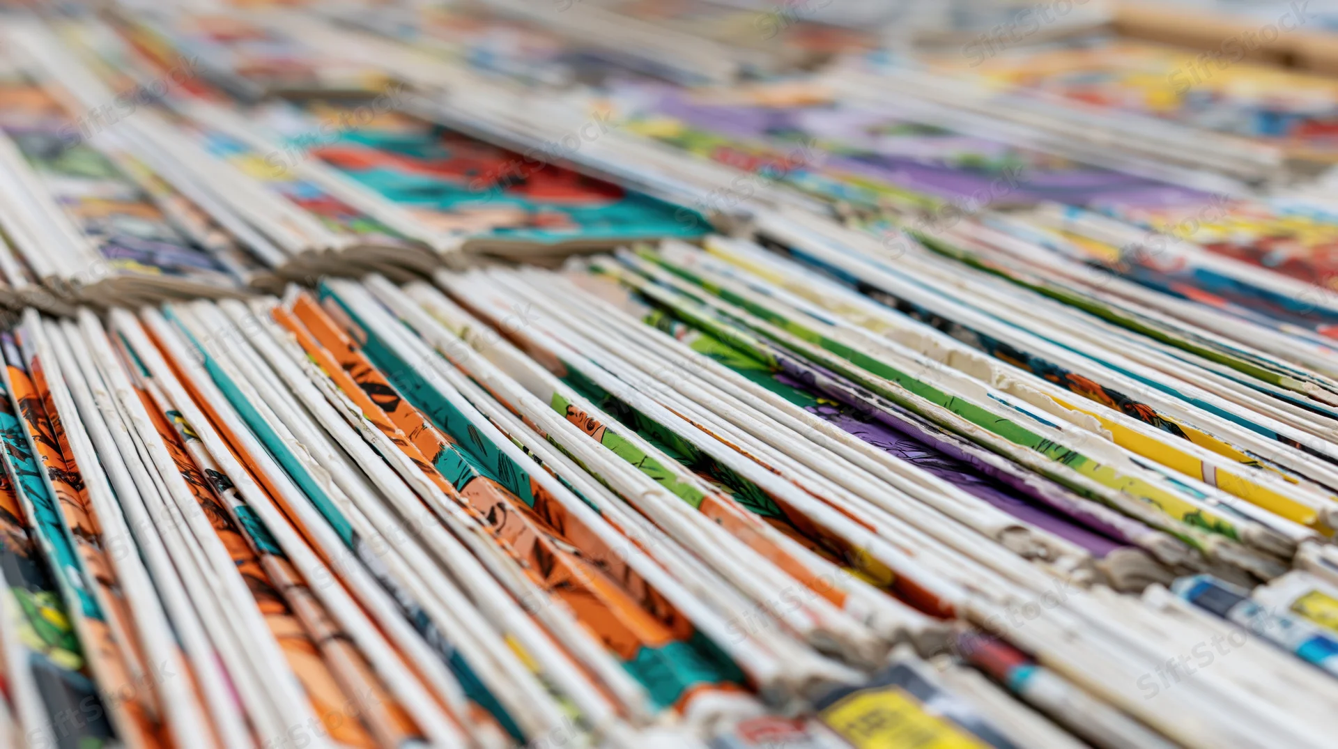 Comic books stacked spine-up in tight rows filling the frame