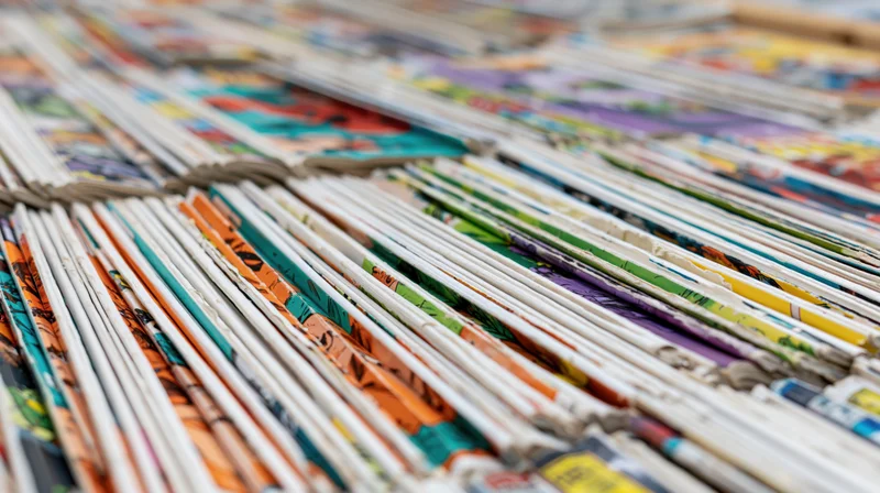 Comic books stacked spine-up in tight rows filling the frame