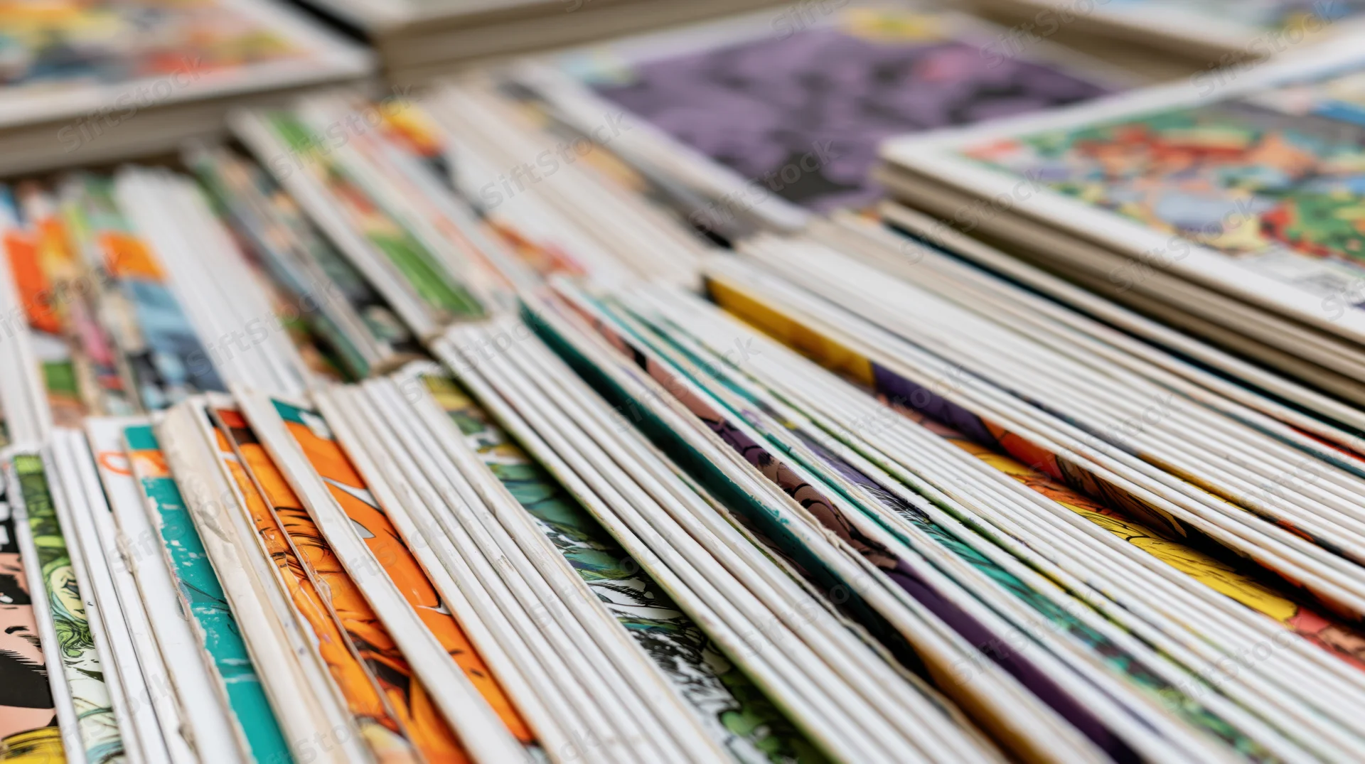 Stacks of comic books arranged spine-up in tight rows filling the frame