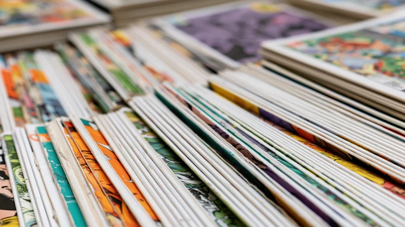 Stacks of comic books arranged spine-up in tight rows filling the frame