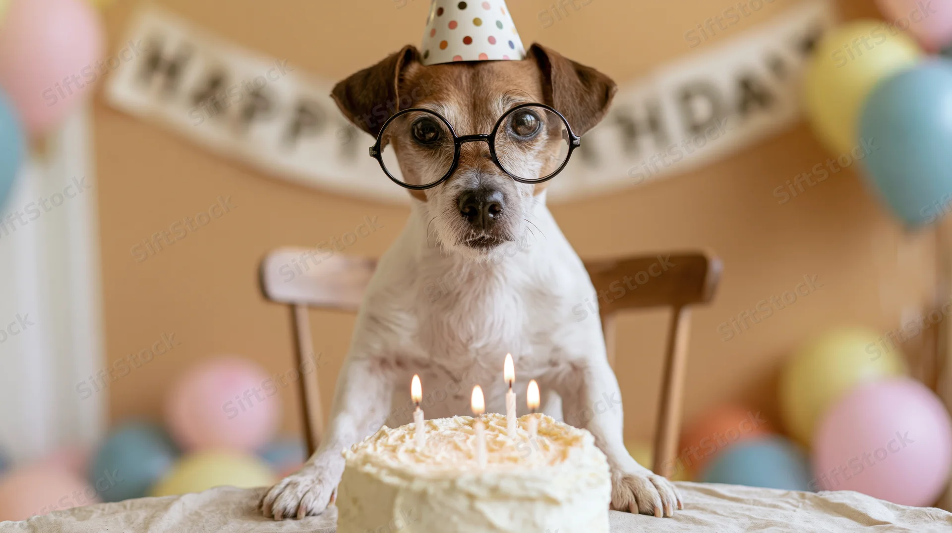 Jack russell terrier wearing glasses and party hat sitting at table with birthday cake and candles, surrounded by balloons and banner