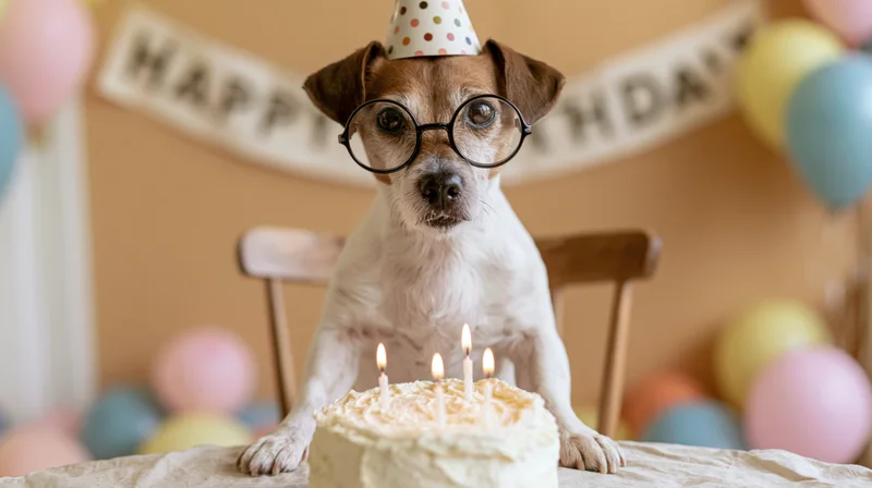 Jack russell terrier wearing glasses and party hat sitting at table with birthday cake and candles, surrounded by balloons and banner