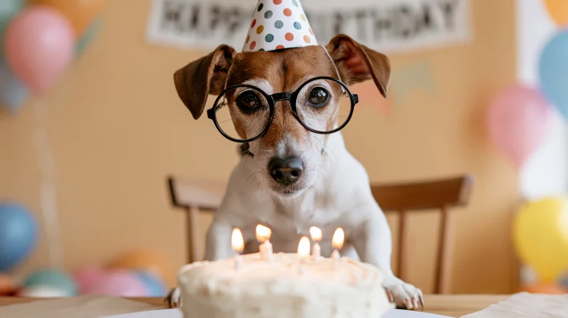 Jack russell terrier wearing party hat and glasses sitting at table with birthday cake and candles