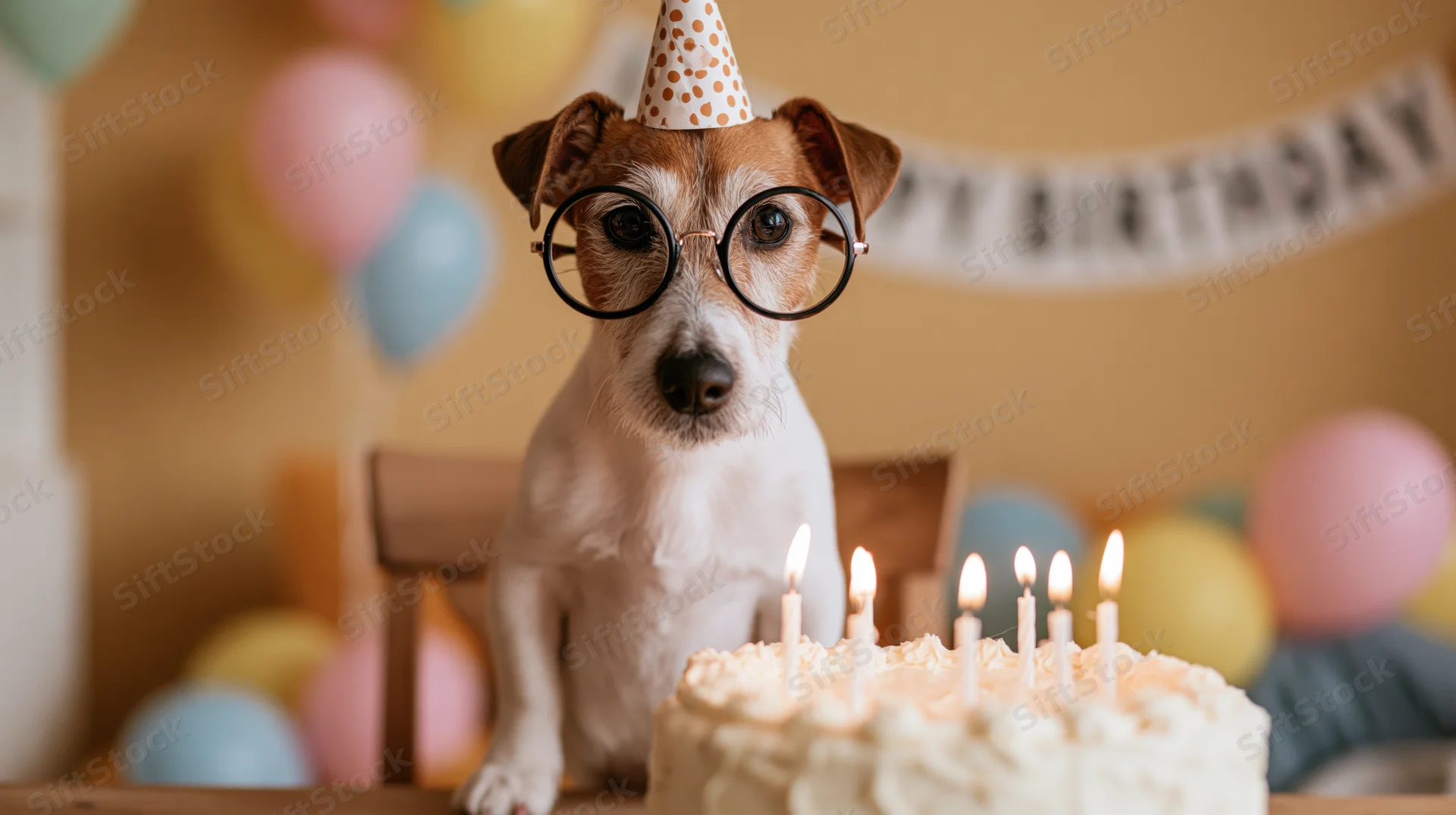 Jack russell terrier wearing glasses and party hat sitting at table with birthday cake and candles surrounded by balloons and banner