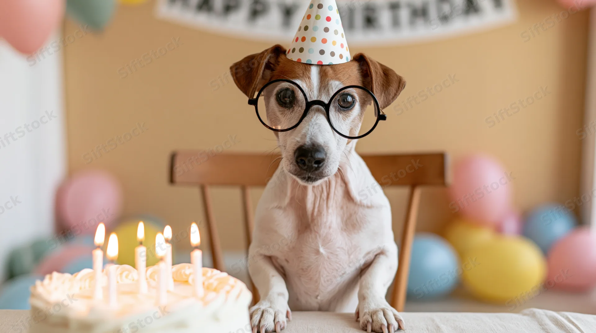 Jack russell terrier wearing party hat and glasses sitting at table with birthday cake and candles, surrounded by balloons and banner