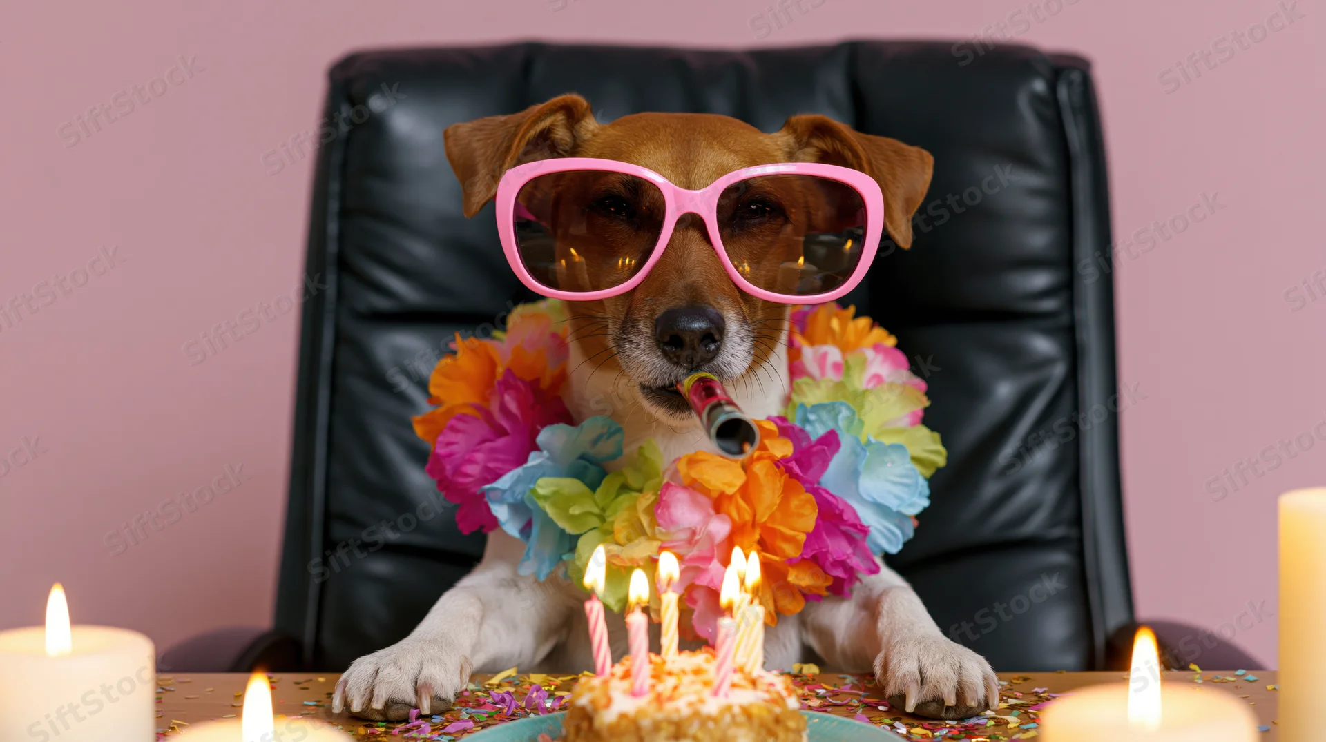Jack russell terrier wearing pink sunglasses and a colorful lei, blowing a party horn while sitting at a desk with a birthday cake and candles in front of a black leather office chair