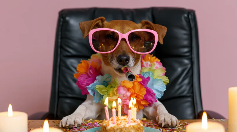 Jack russell terrier wearing pink sunglasses and a colorful lei, blowing a party horn while sitting at a desk with a birthday cake and candles in front of a black leather office chair