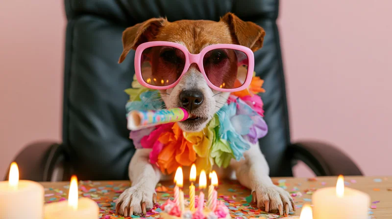 Jack russell terrier wearing pink sunglasses and a rainbow lei, blowing a party blower while sitting in a black leather office chair at a table with candles and a birthday cake