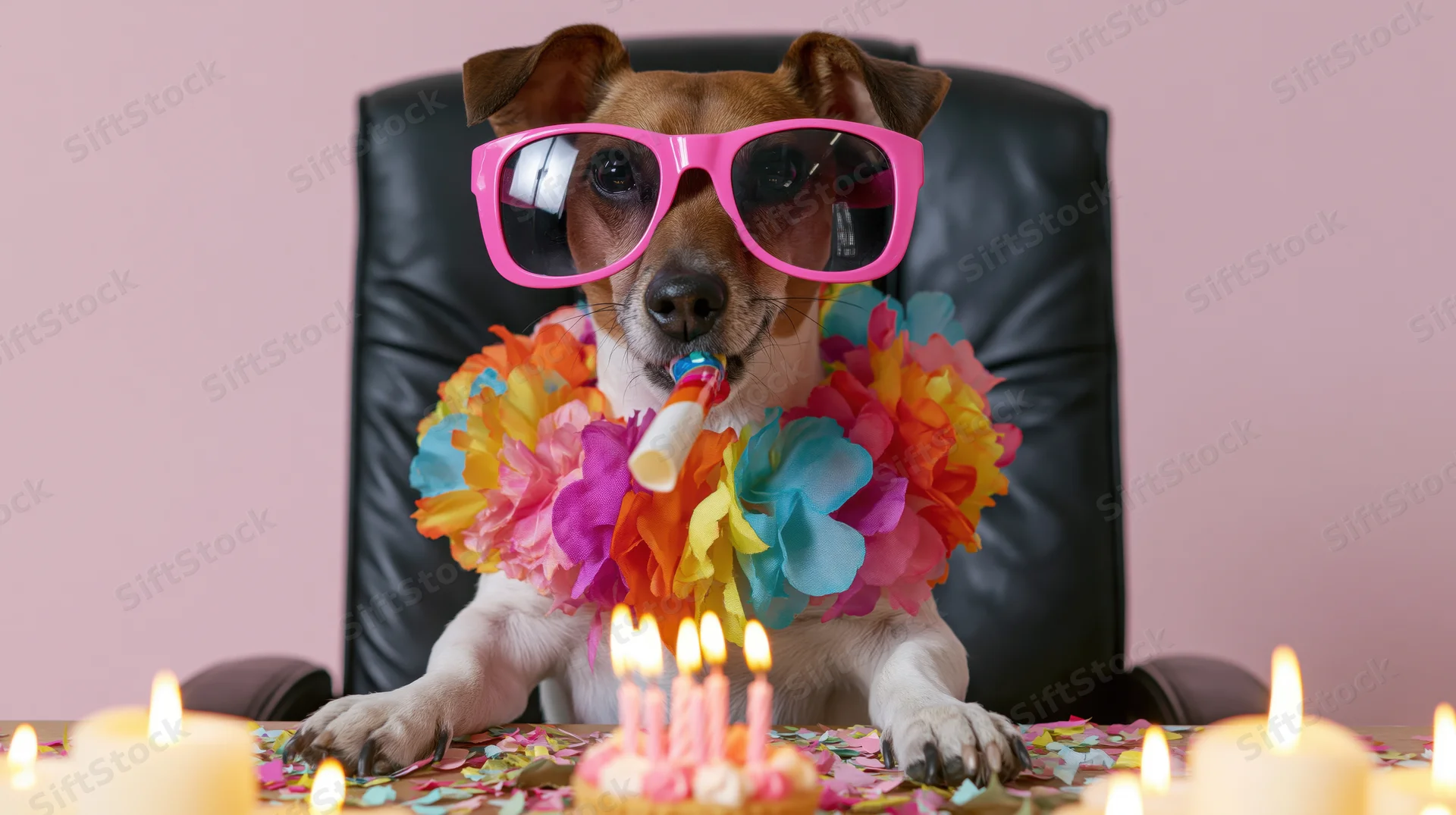 Jack russell terrier wearing pink sunglasses and a colorful lei sitting at a desk with birthday candles and cake in an office chair